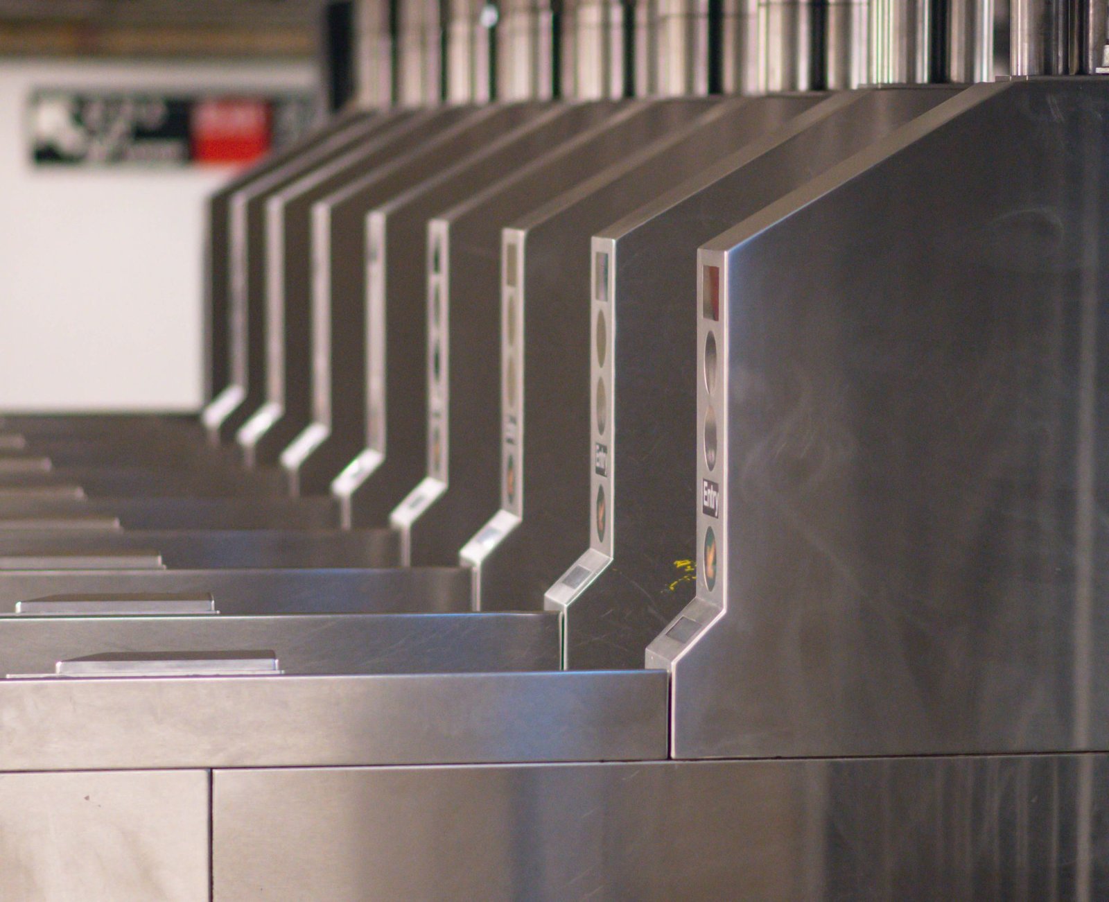 Empty turnstile gates at an office building entrance