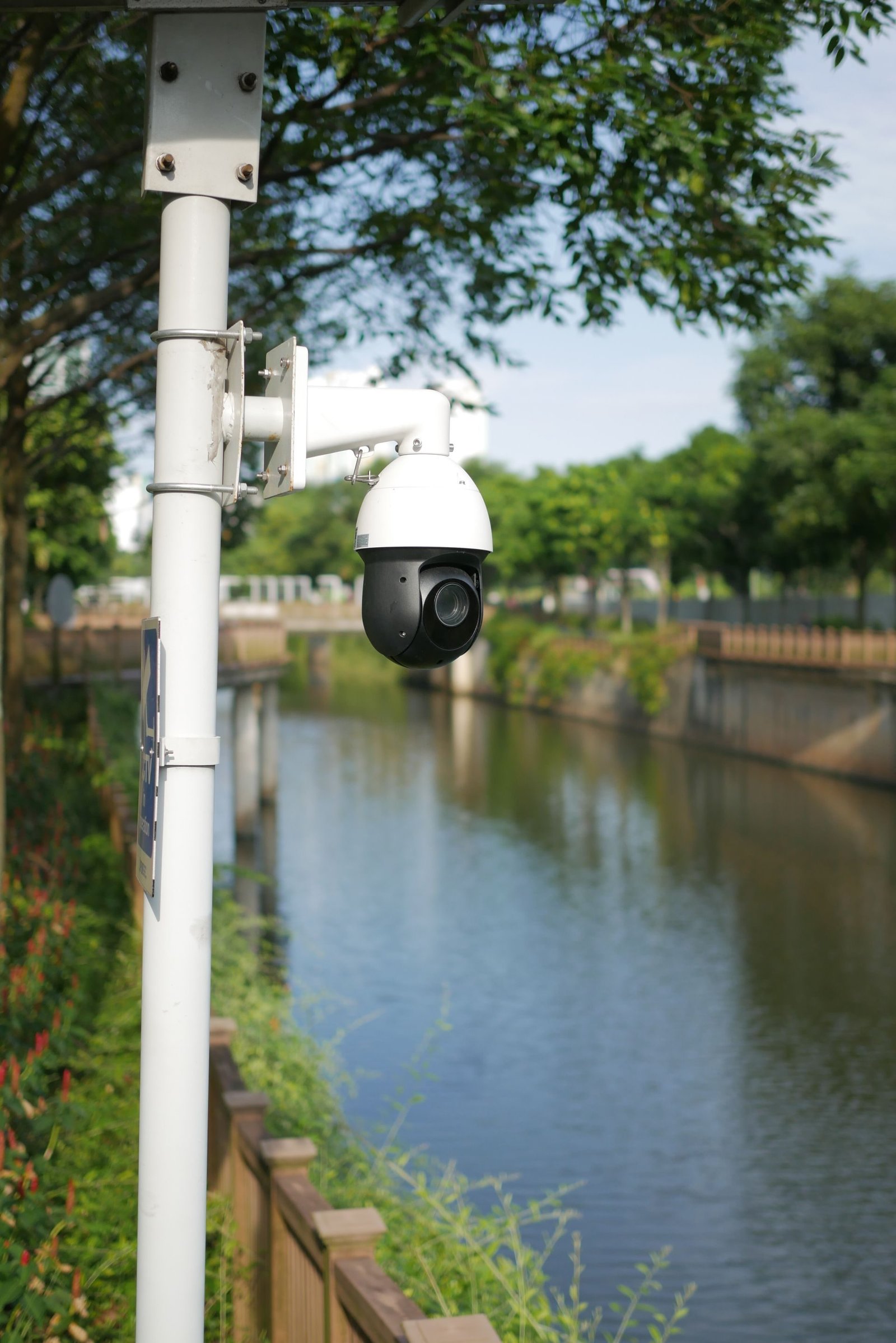 A PTZ dome security camera mounted on a pole