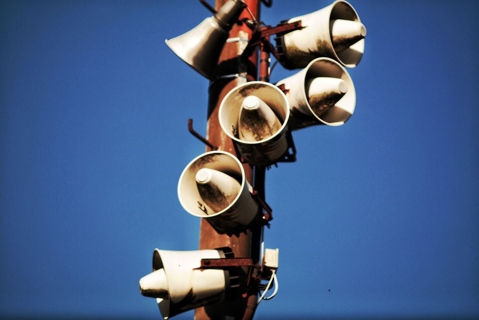 Public address loudspeakers mounted on a pole