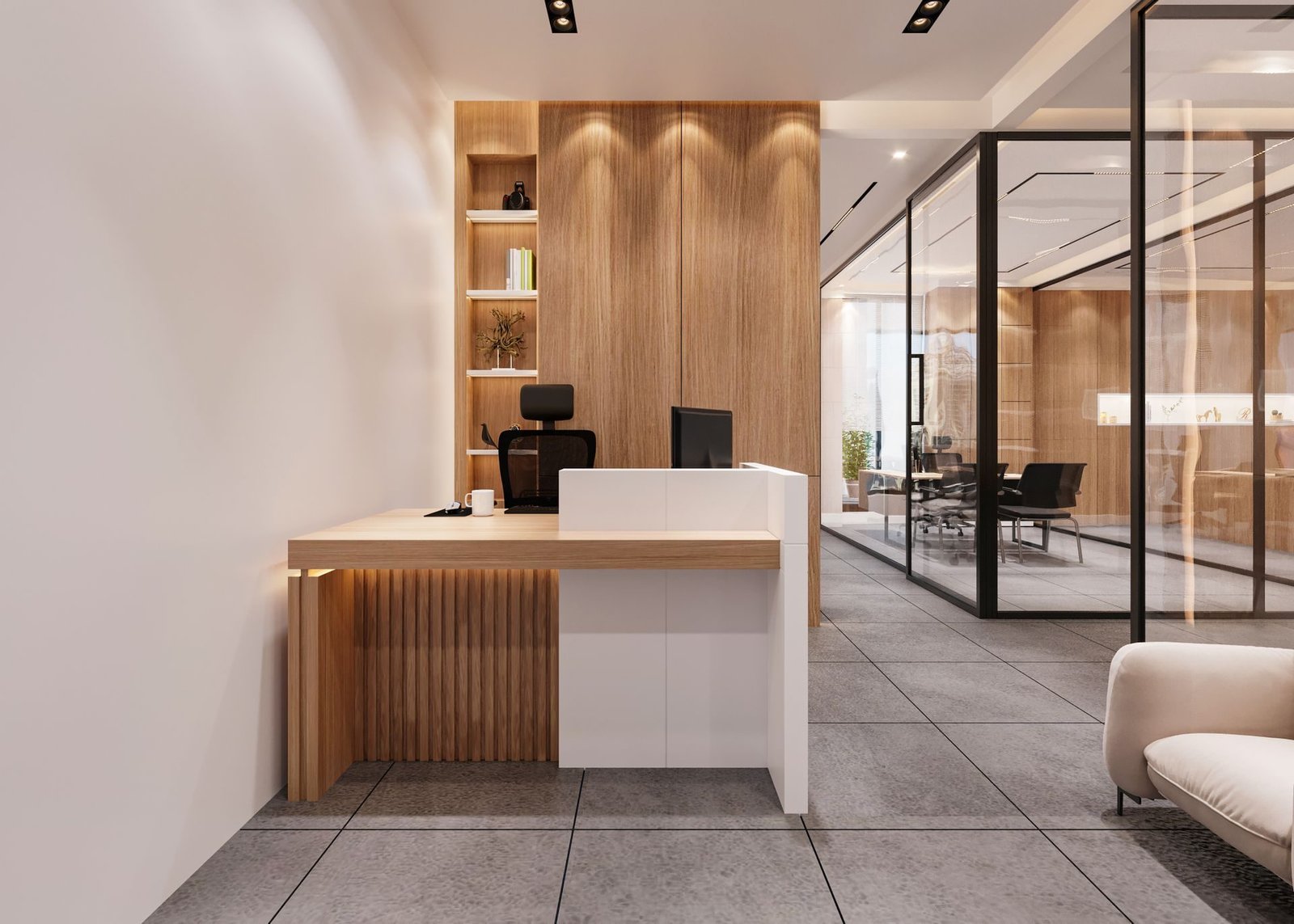 A glass-fronted office reception area