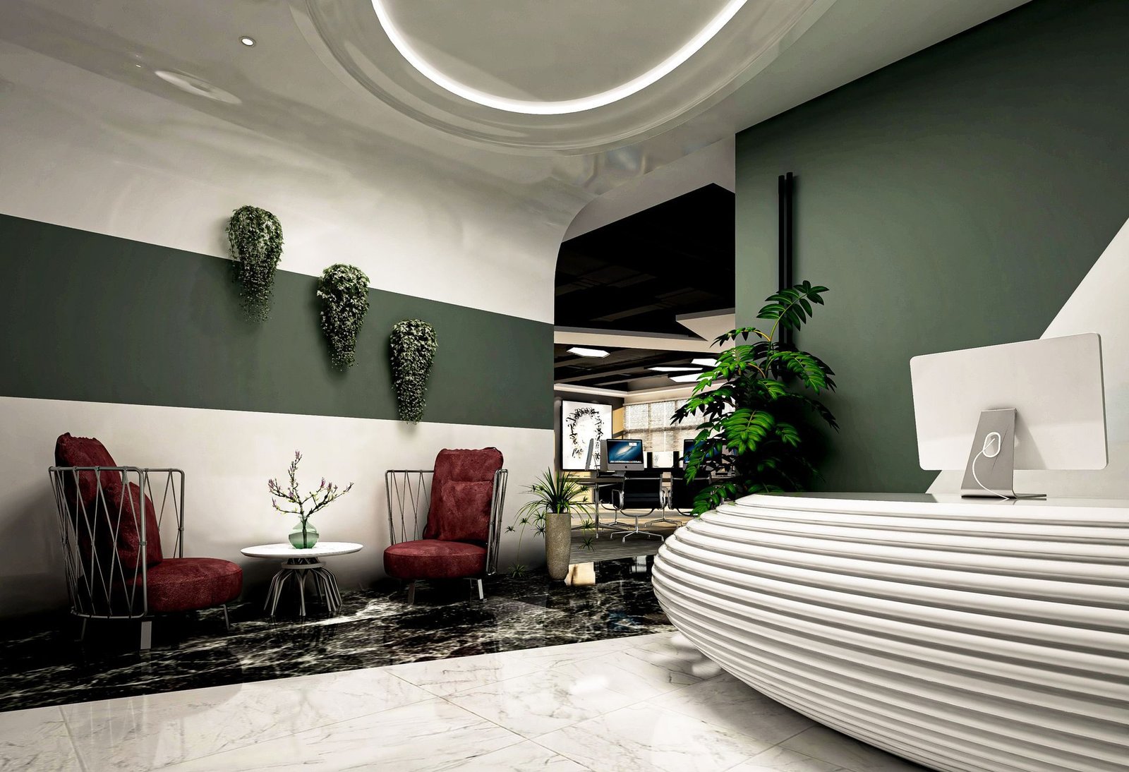 An office interior with desks and seating