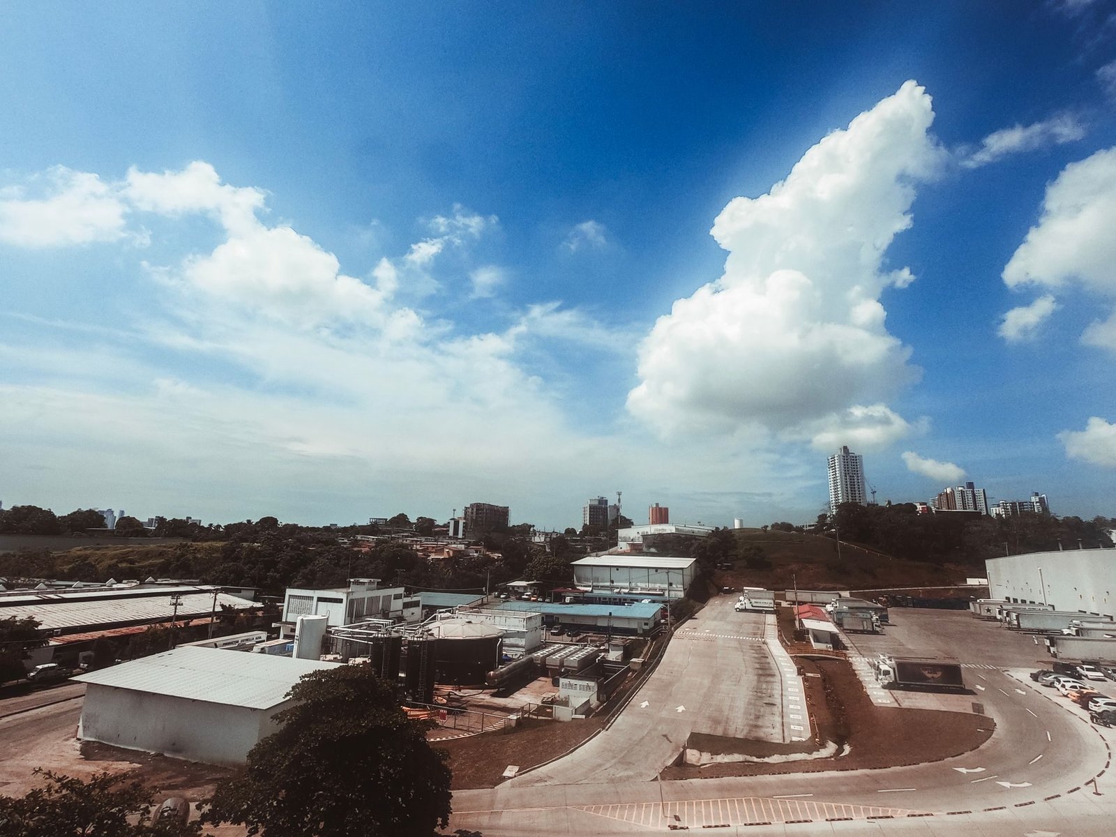 Factory buildings under a blue sky