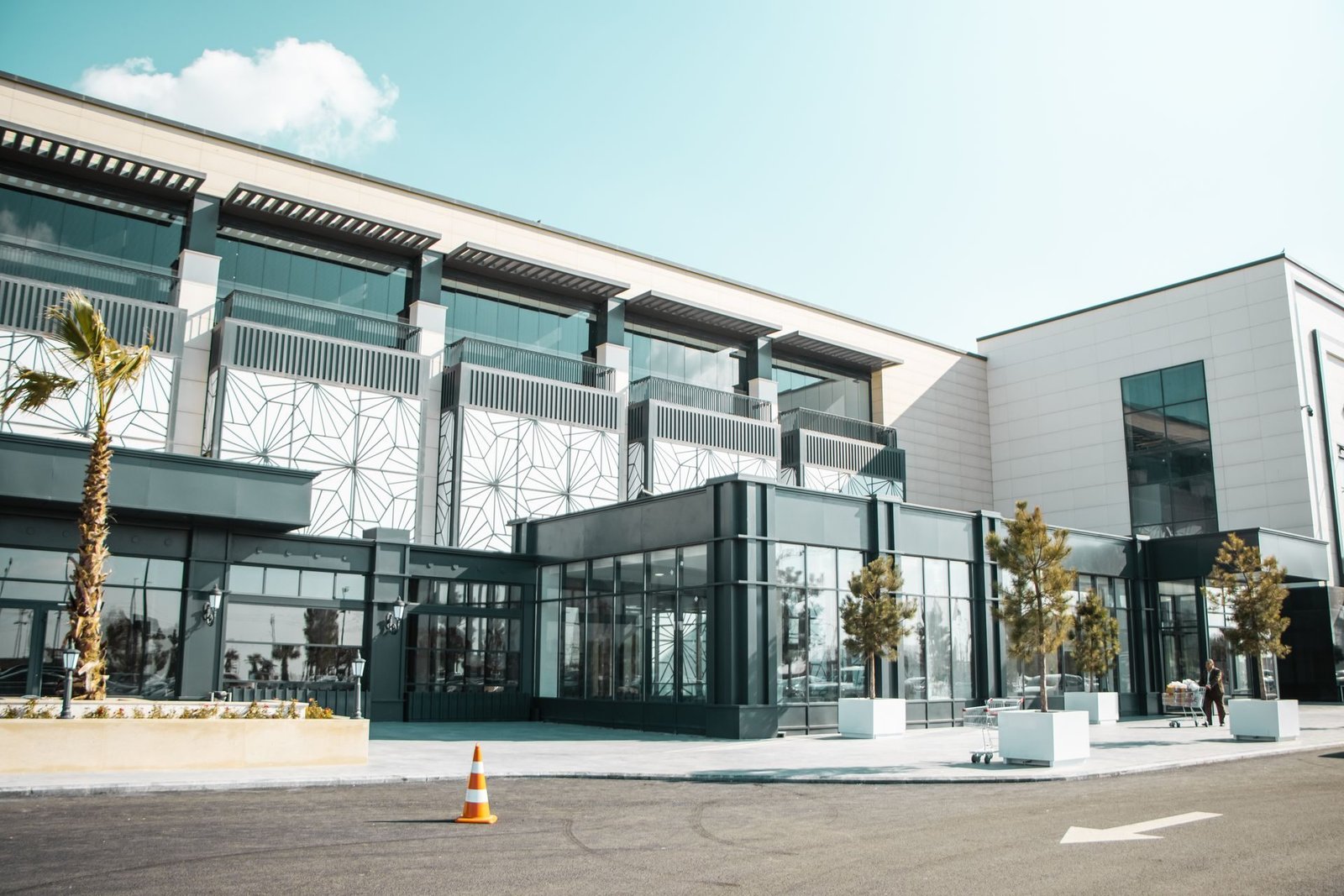 The entrance of a modern shopping mall