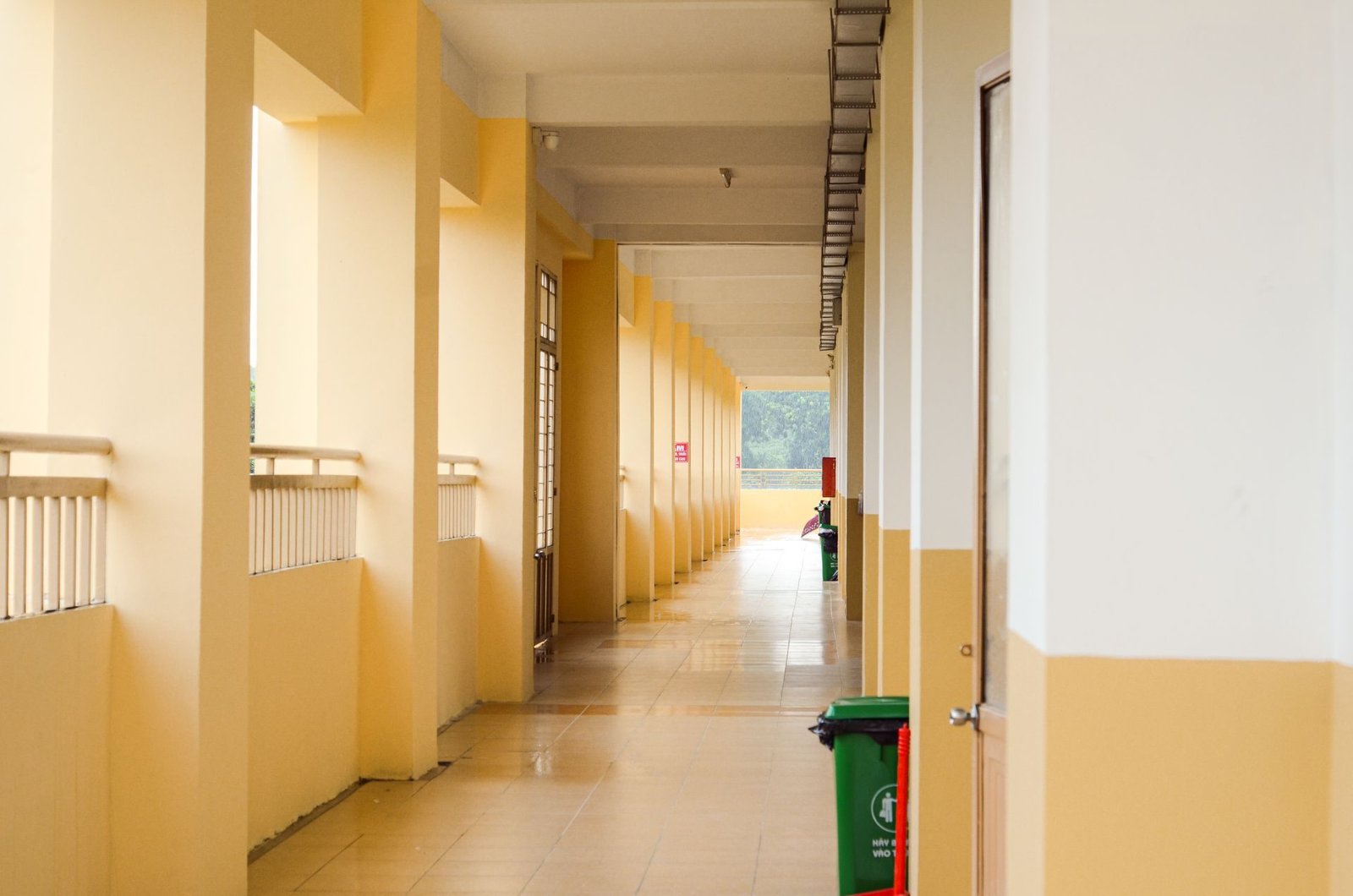 A bright, empty school corridor