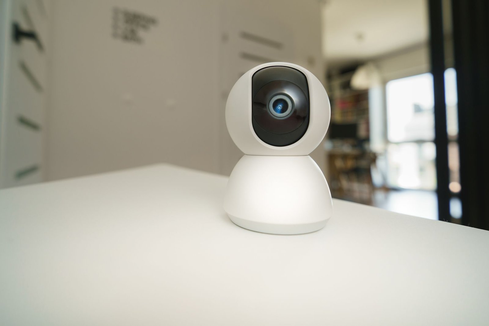 A white pan-tilt Wi-Fi camera on a shelf in a living room